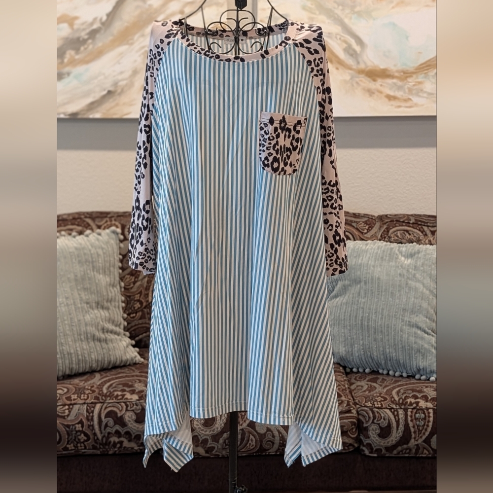 Striped Tunic with Leopard Print Sleeves